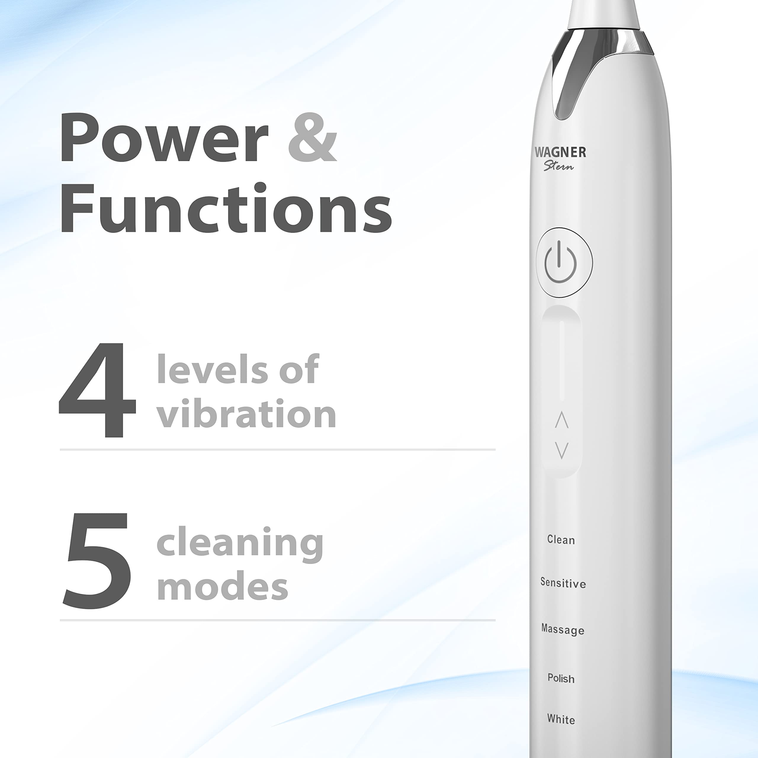 Spazzolino sbiancante ad ultrasuoni Wagner & Stern con sensore di pressione, 5 modalità di spazzolatura, 4 livelli di intensità. 8 testine morbide, custodia da viaggio premium.