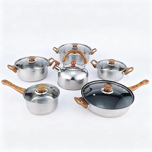 Miniatura 3 de Sorandy Juego de utensilios de cocina de acero inoxidable, 6 ollas y sartenes de inducción con asas de grano de madera, para estufa de gas y placa