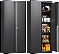 Vista 19 de Yizosh Armario de almacenamiento de metal para garaje con 2 puertas y 5 estantes ajustables, gabinete de archivo de acero con cerradura de 71