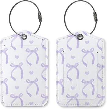 Coquette Purple Bow Luggage Tags for Suitcases 2 Pack, Cute Purple Bow Heart Pattern PU Leather Bag Tag with Privacy Cover Stainless Steel Loop, Travel Gifts for Women Teen Girls