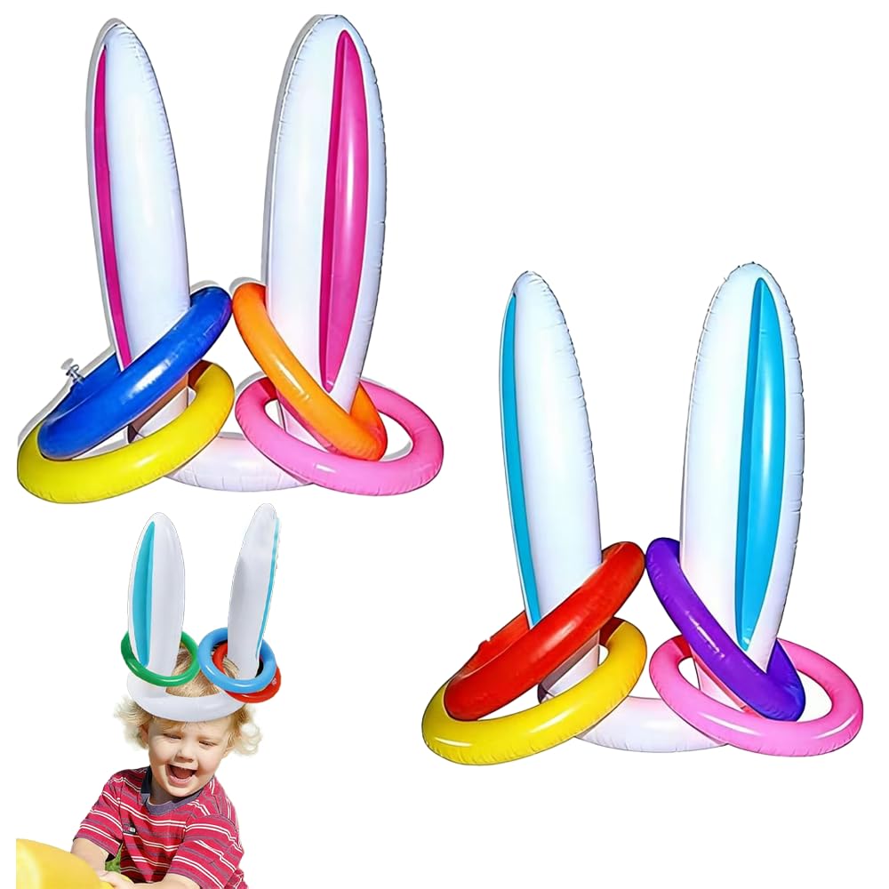 CYZTD 2 Sets Inflatable Bunny Rabbit Ears Ring Toss Party Games (Blue+Pink) Target throwing toy with Colourful Inflate Toss Rings,Outdoor Indoor Toys Gift Family Easter Party Supplies/Favors