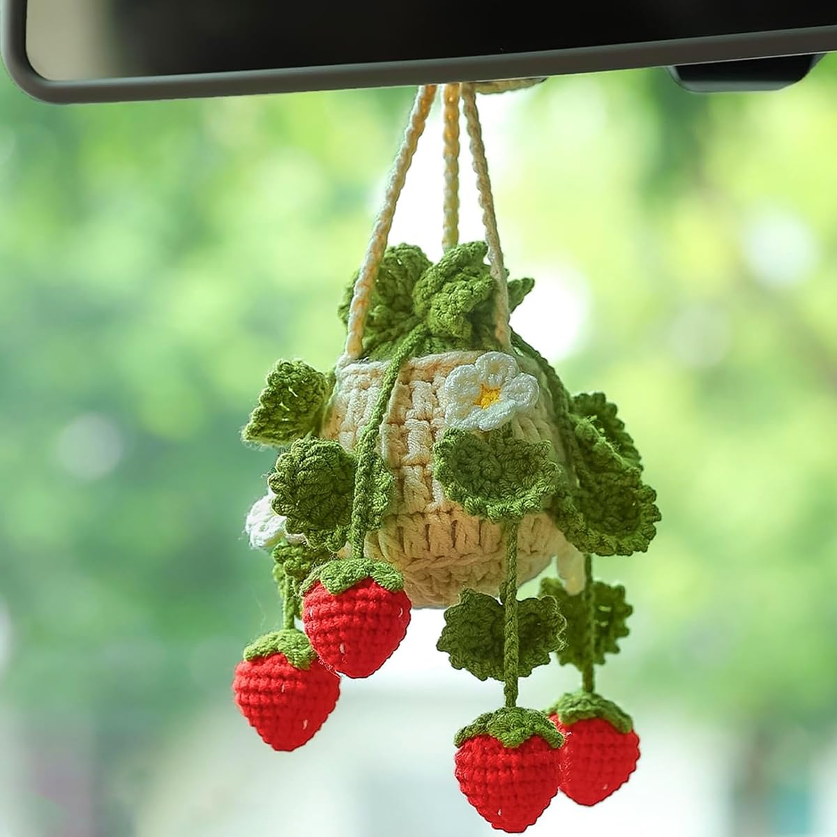 Alunsito Car Interior Rear View Mirror Ornament Crochet Hanging Strawberry Plant Car Decorations Interior Aesthetic Car Accessories Cute Car Charms for Rear View Mirror, Boho Car Decoration