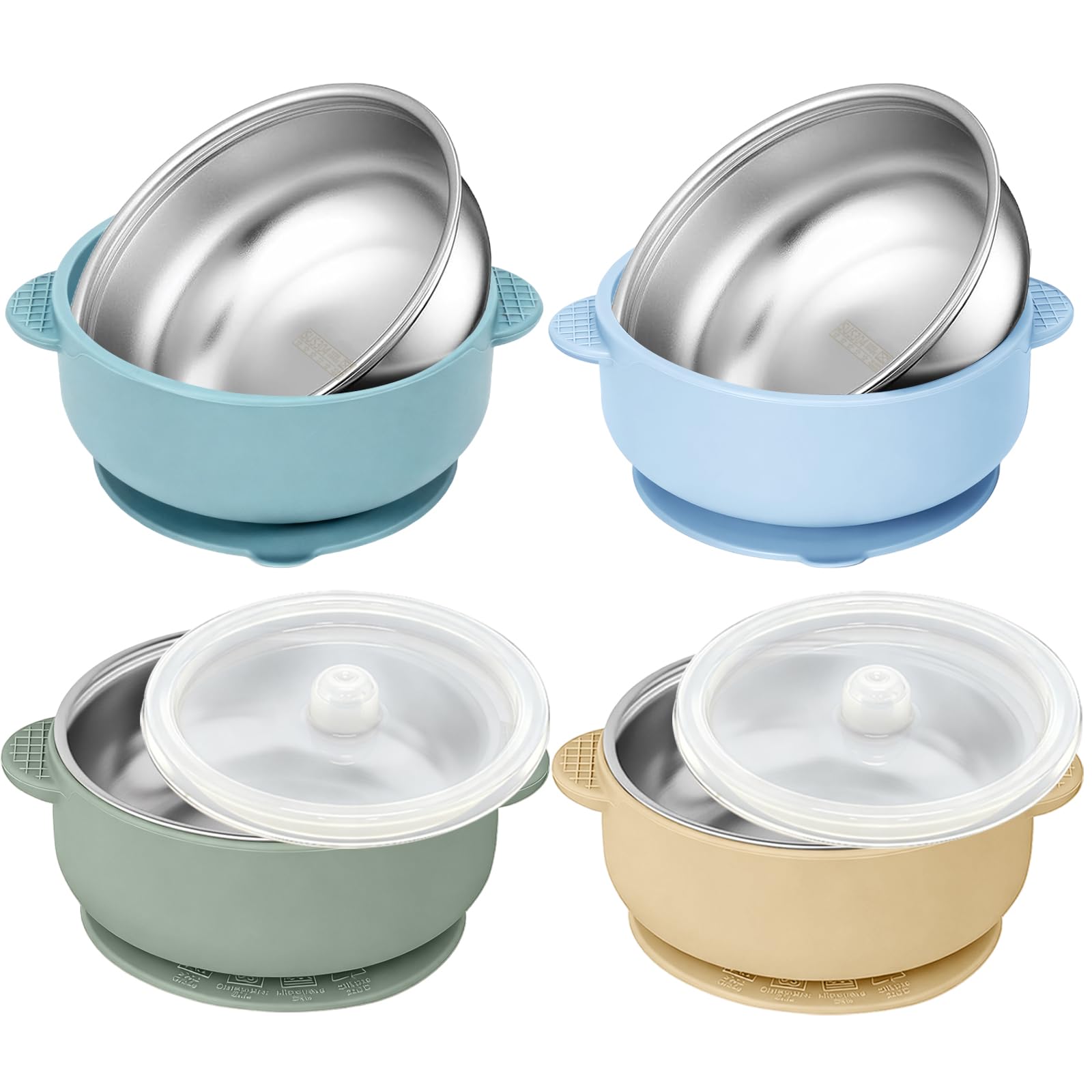 SonPen 4 Stück Edelstahl Baby Schüssel mit Groß Saugnapf, 2 in 1 Breischale Baby mit Abnehmbar Silikonhülle, Rutschfeste Breischale Kinderschüssel BPA-frei für Kinder Kleinkinder ab 6 Monaten(Grün)