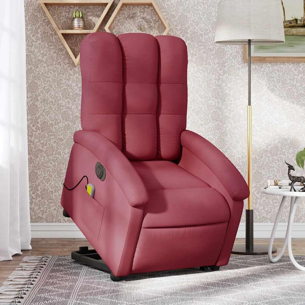 Sillón elevador eléctrico reclinable de tejido rojo vino con 6 puntos de vibración, función de elevación e inclinación a 135 grados, estructura estable