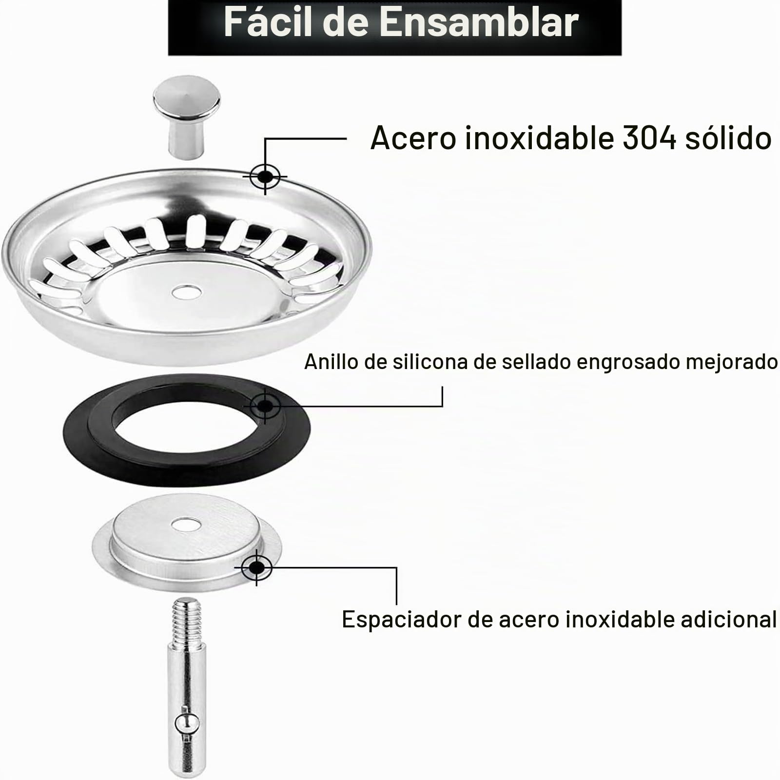 Paquete de 2 tapones coladores de fregadero de cocina, tapón de repuesto de acero inoxidable para atrapador de alimentos/pelo, diámetro del agujero del fregadero del Reino Unido 80 mm