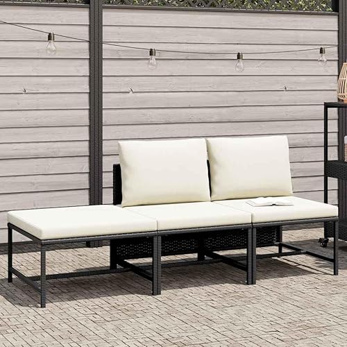 Miniatura 2 de 3 Piece Garden Sofa Set in Black and Cream White, Modern Outdoor Furniture with PE Rattan and Steel Frame, Comfortable Cushions for Patio Balcony
