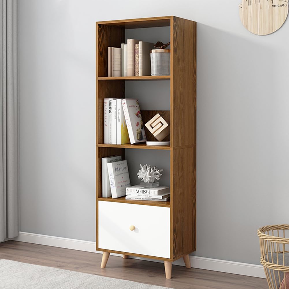 IOTXY Open Shelf Cube Bookcase - 59" Tall Mid-Century Large Bookshelf with Drawer and Deepen Display Storage Cabinet for Home Office, Walnut