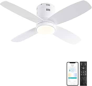 Ceiling Fan with Lights - 38'' Small Low Profile Ceiling Fans Remote & APP Control - Dimmable Indoor Outdoor Quiet DC Flush Mount Ceiling Fan for Patio Kitchen Dining Room Bedroom(White)