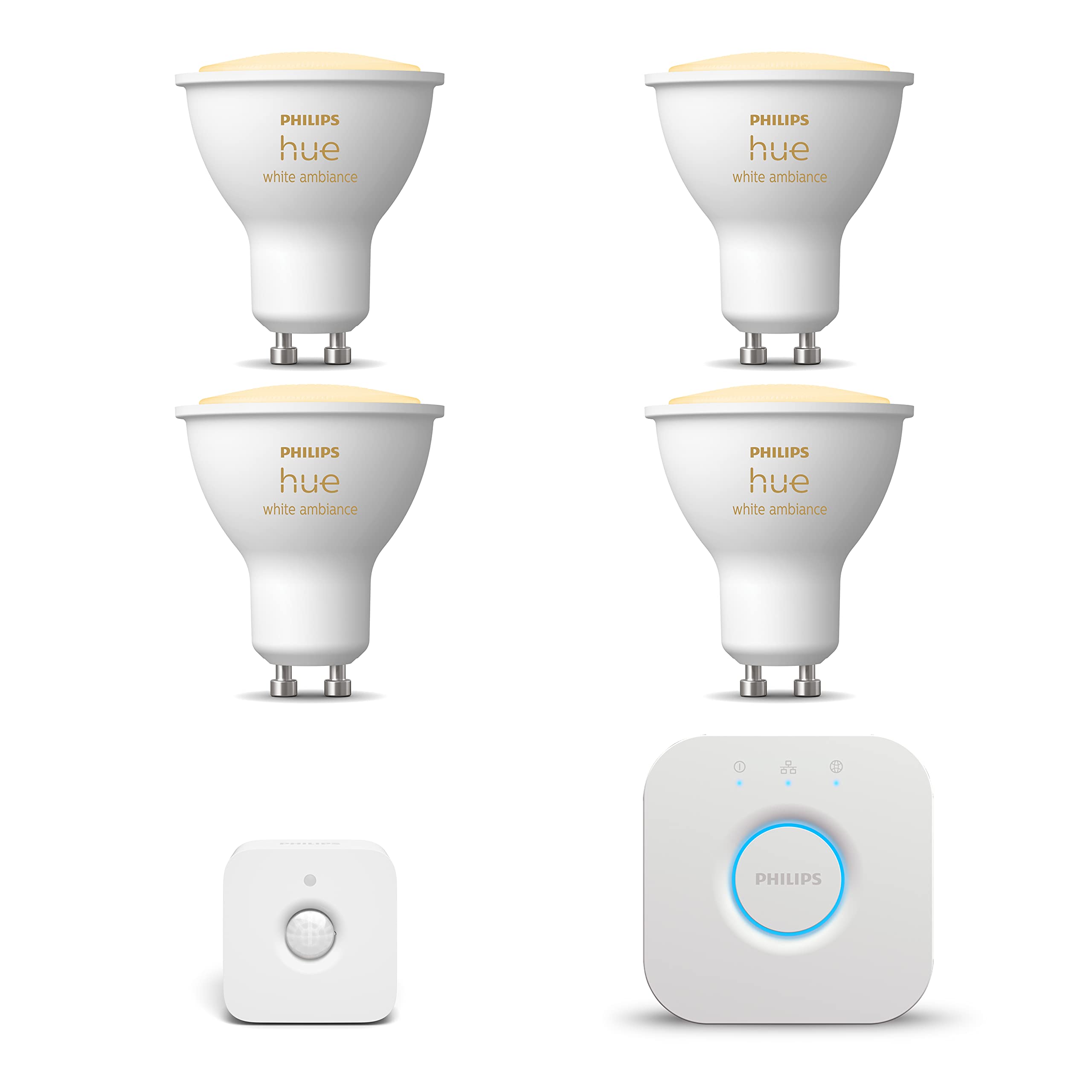 Philips Hue - Kit de inicio - 4 focos GU10 - Cálida/Fría | Incluye Hue Bridge, Hue sensor de movimiento para interior - Hue White Ambiance