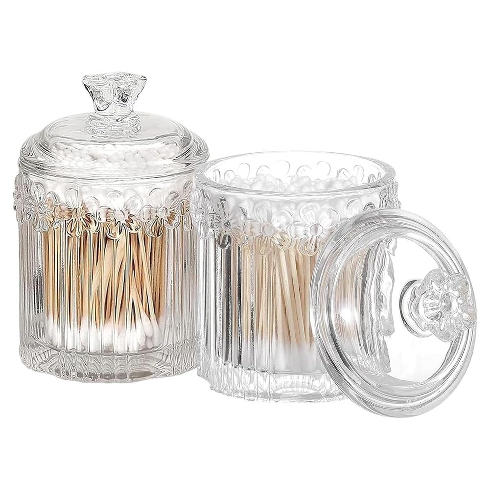 CTRLZS 2pcs Glass Cute Jars with Lid-Bathroom Canister, Candy Jar, Makeup Storage Organizer for Cotton Swabs, Balls(Clear)