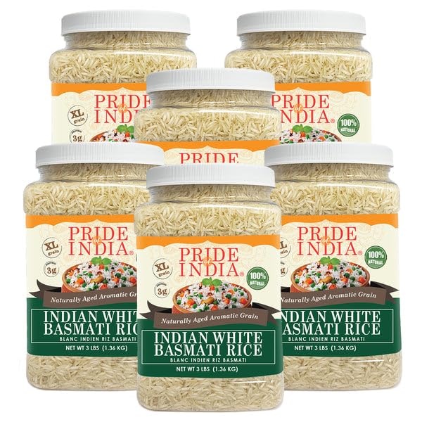 Pride Of India - PACK of 6 - Extra Long Indian Basmati Rice, Naturally Aged Aromatic Grain, 3 lbs Jar