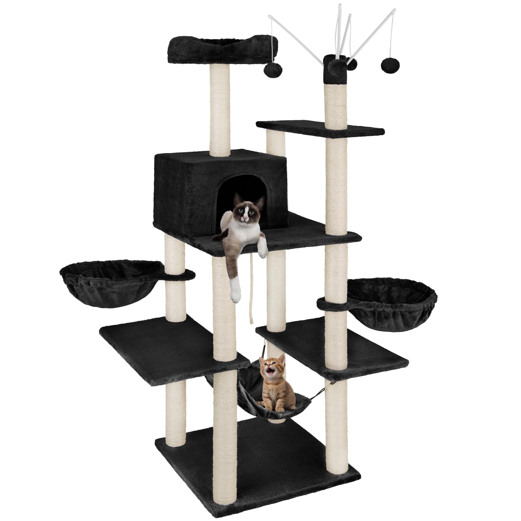 tectake® Multi-Level Tree With Sisal Scratching Posts, Plush Cover, 2 Cosy Beds, Hammock, Cave & Top Perch - 165cm Cat Tower With Play Rope, Toy Balls, Anti-Tip Protection - Black