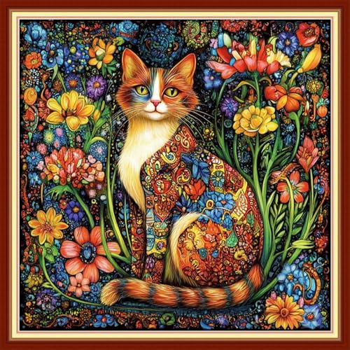 Image of Funxvoot Stamped Cross Stitch Kits for Beginners or Adults Embroidery Starter Patterns | DIY Printed Cross Stitch Kits Needlepoint for Adults or Kids 11CT-Cat Flowers 18x18 inch
