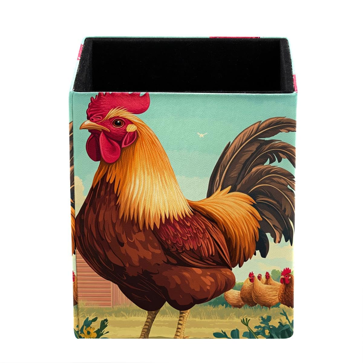 HEOEH Fram Chicken Rooster Pen Holder Pen Pot, Square Pencil Cup for Desk