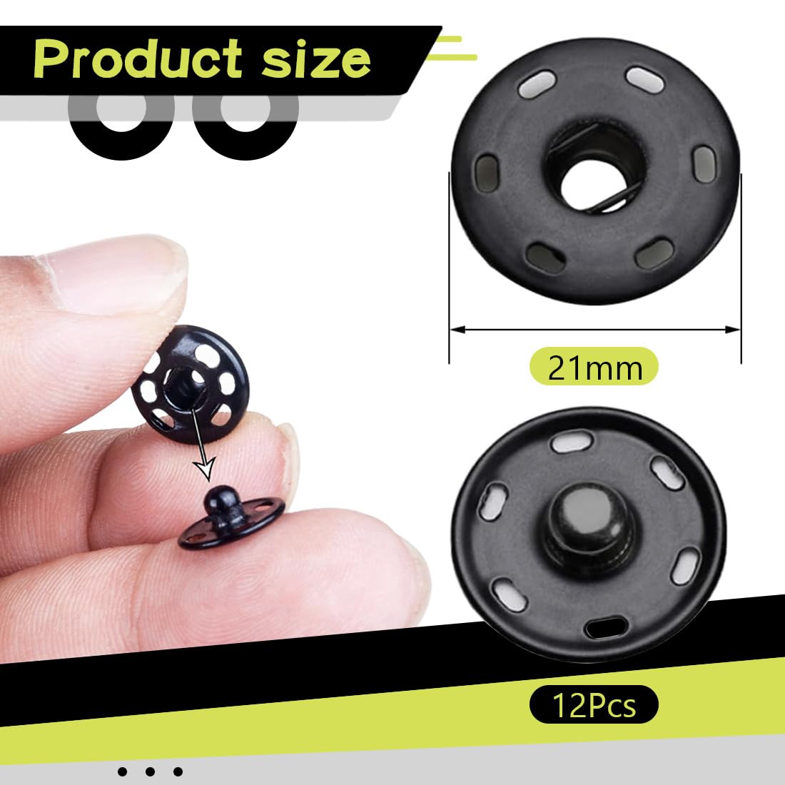 12 Bottoni Automatici Grandi 21mm In Metallo Nero Opaco | Kit Di Chiusure A Pressione Per Cucito Fai Da Te Su Giacche, Cappotti, Borse E Denim | Antiruggine E Facili Da Cucire