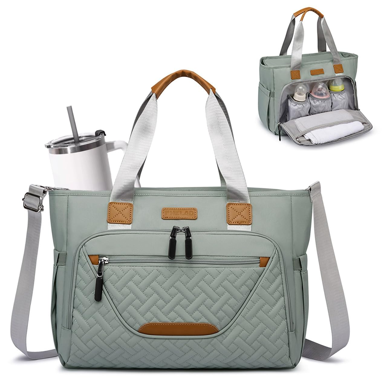 FHELAD Diaper Bag Tote, Large Tote Diaper Bag with Luggage Strap, 14 Pocket