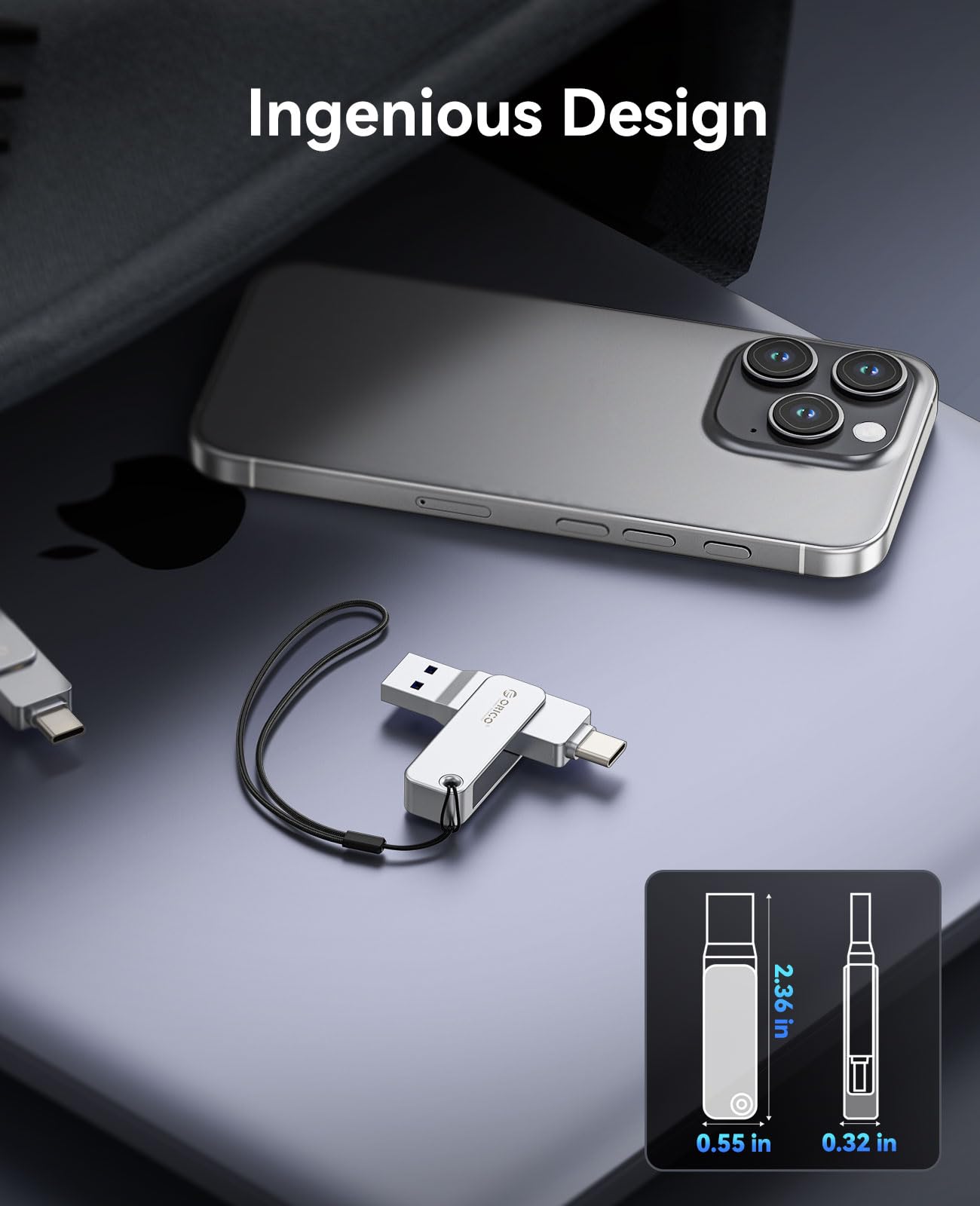 ORICO Pamięć USB 256 GB USB 3.2 Gen 1 Dual USB-C i USB-A Mini Flash Drive, przenośna pamięć masowa, prędkość odczytu 150 MB/s do iPhone 16, Android, tabletów, laptopów, Mac, Windows Plug and Play
