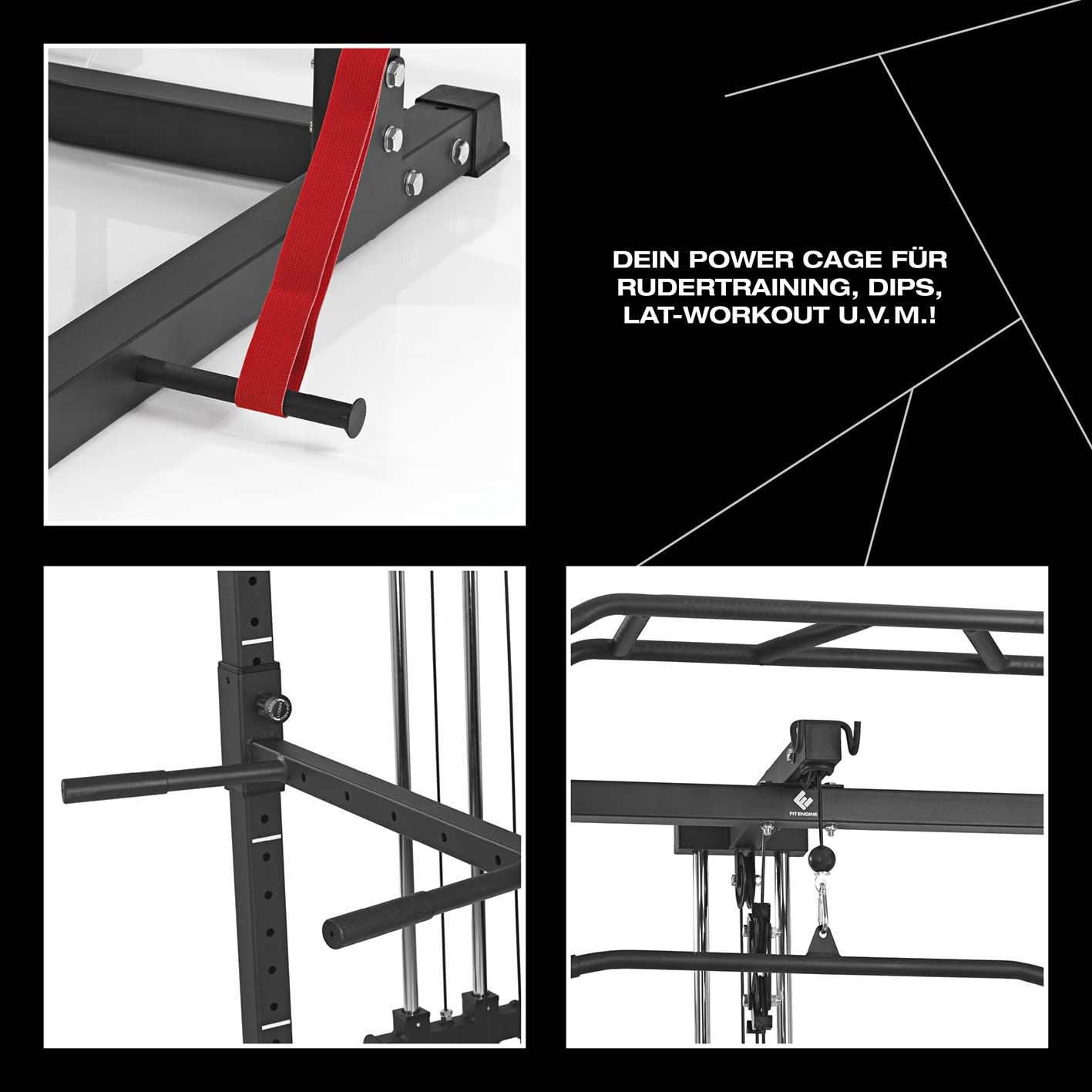 FitEngine Power Rack | Power Cage mit Latzug, Kabelzug, Dip-Station + Klimmzugstange | Variabel einstellbare Spotter für Langhantel