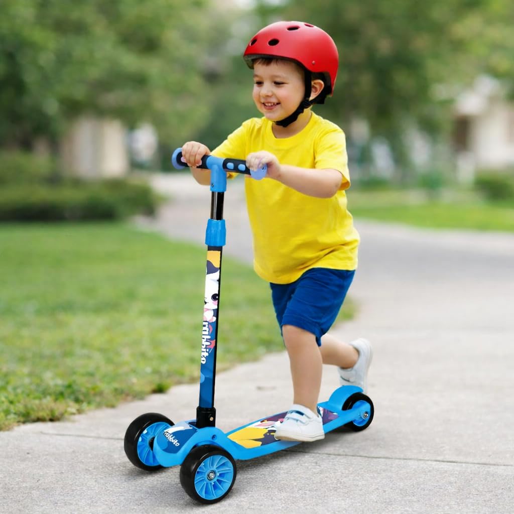 NOJTI Rider Pro Kick Scooter with Broad PU LED Wheels | 3-Wheel Skating Scooter for Boys & Girls of Ages 2-12 Years | 5-Level Adjustable Height, and Easy Fold Design (Blue -Balck)