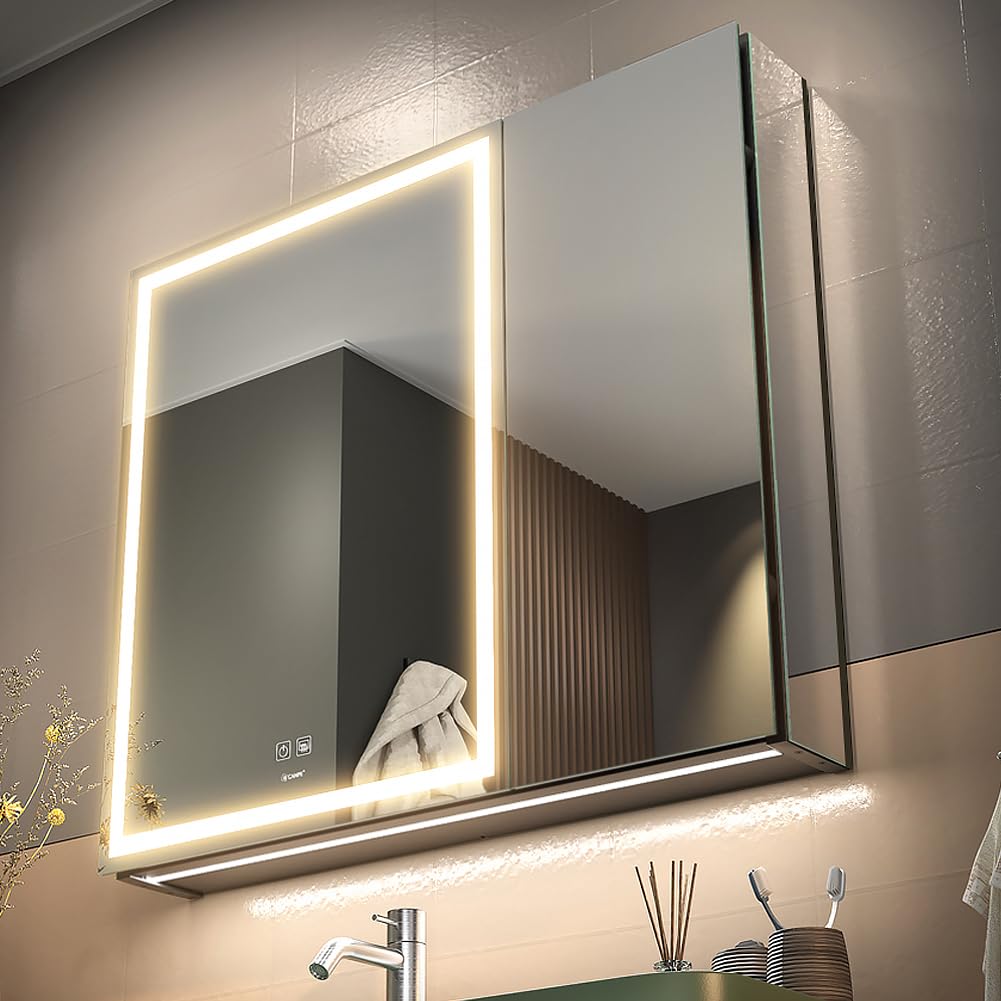 Armadietto Portamedicinali Con Specchio LED E Anti-appannamento – SHYWENHSIU – 3 Colori Luce Dimmerabile, Metallico Nero, IP54