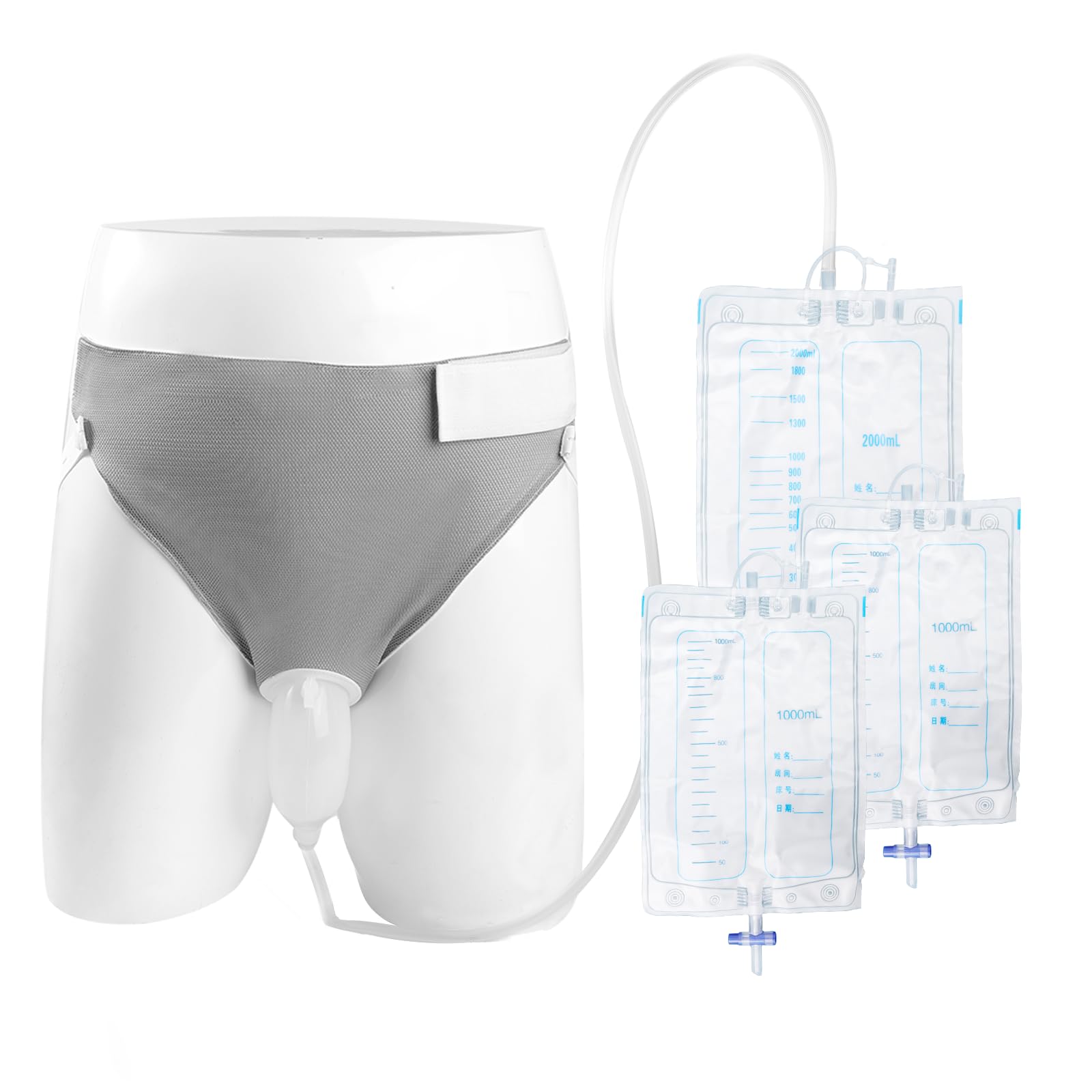Wearable Urine Collector with 1000ml*2 & 2000ml*1 Urine Collection Bags 1M Catheter and Dual Capacity Bags, Includes Breathable Cotton Pants Leak Proof Anti Reflux for Men Grey