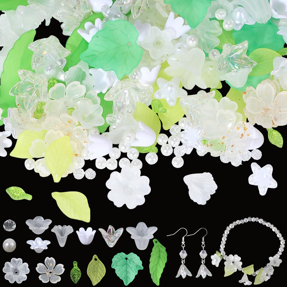 PONABEADIY 1 Box About 767PCS Leaf Flower Beads Kit Spring Acrylic White Trumpet Flowers Green Leaves Floral Charms Loose Spacer Bead Bulk for Jewellery Making Bracelet Earrings Haripins Diy Crafts