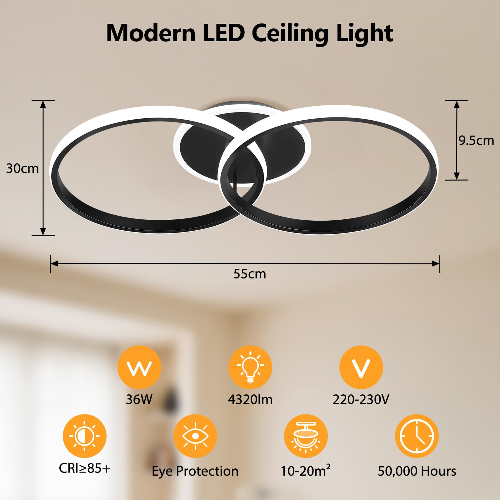 Plafonnier LED Moderne 36W, 3000K/4500K/6500K Lampe Plafond 4320lm CRI≥80, Luminaire Plafonnier pour Salon, Chambre, Bureau, Cuisine et Couloir avec Fonction Mémoire Noir