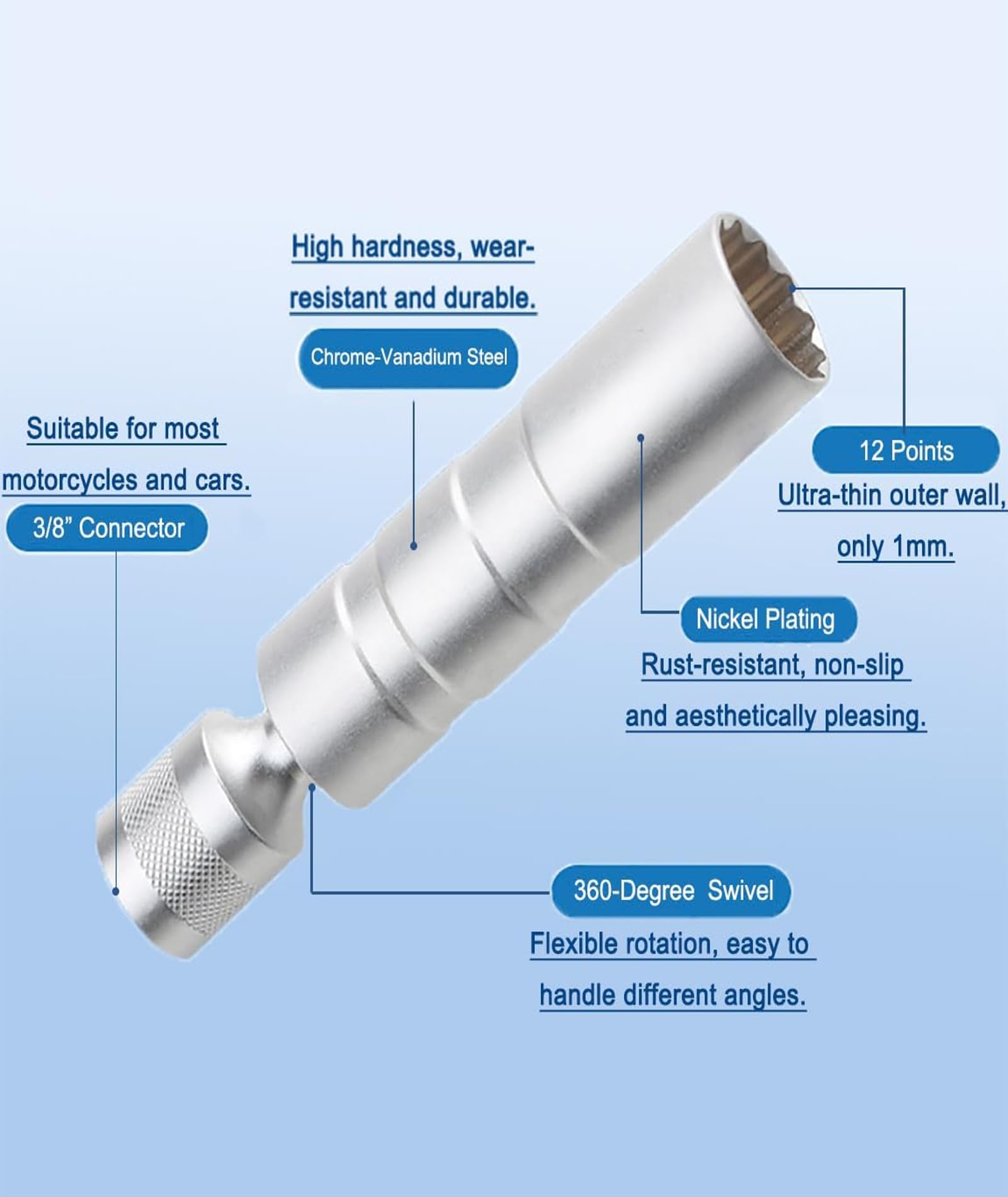 Spark Plug Socket,14mm Ultra Thin Spark Plug Socket Wrench, Long Reach Spark Plug Removal Tool for Tight Engine Spaces 3
