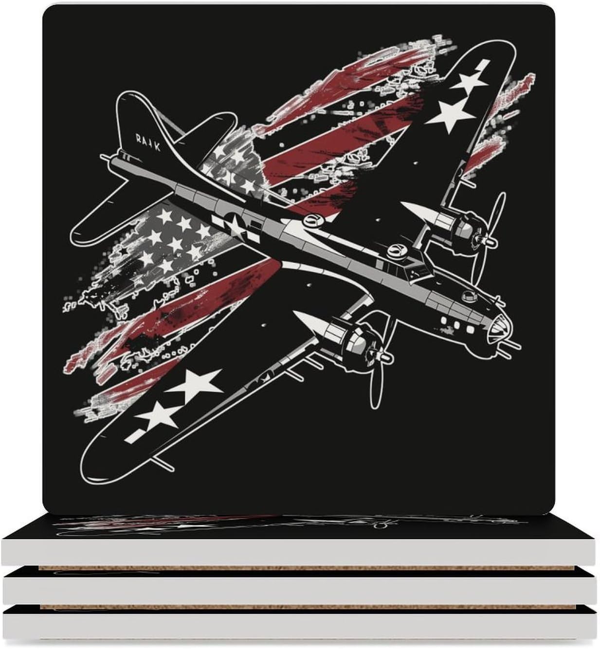 B17 Bomber WW2 Plane Aircraft US Flag Coaster for Drinks Square Ceramic Table Coasters Stone Mat Crafts 4PCS Home Kitchen Decor
