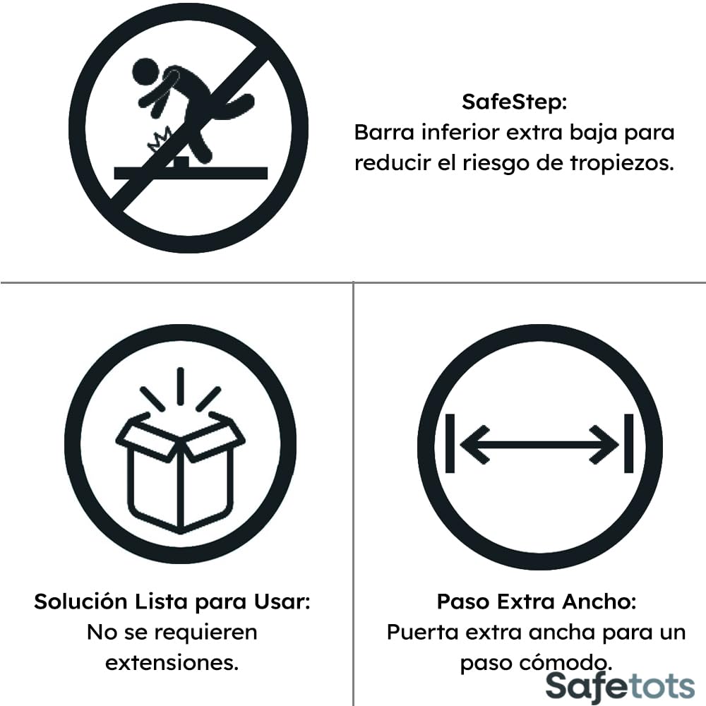 Safetots Puerta De Seguridad SafeStep, Blanca, 96cm - 103cm, Puerta de Seguridad Extra Baja, Puerta Extra Ancha de 81cm, Puerta de Una Sola Pieza Extra Ancha para Escaleras, Pasillos y Puertas | Pasaje extra bajo, no requiere taladrar, apertura con una so