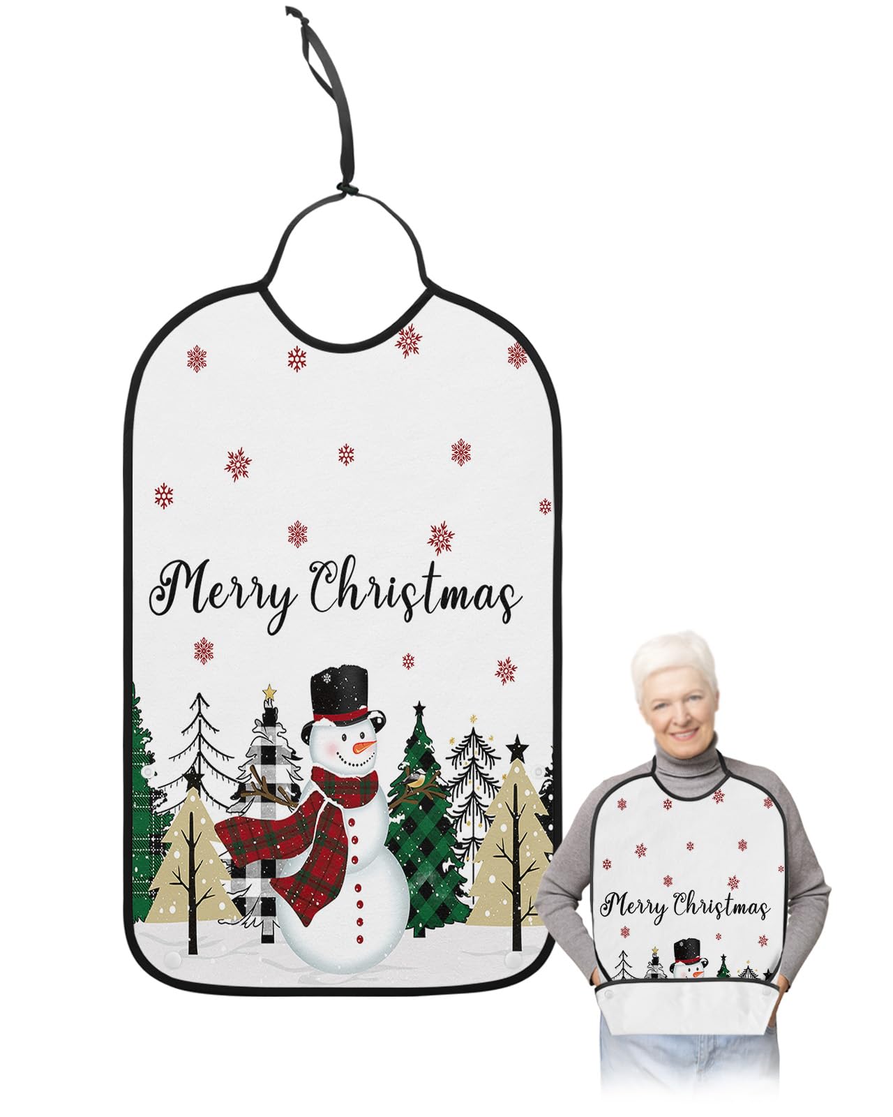 Merry Christmas Adult Bibs for Eating, Waterproof Bibs with Food Catcher & Adjustable Snap Closure, Winter Snowman Xmas Tree Snowflake Washable Clothing Protectors Adult Bibs for Elderly Women/Men
