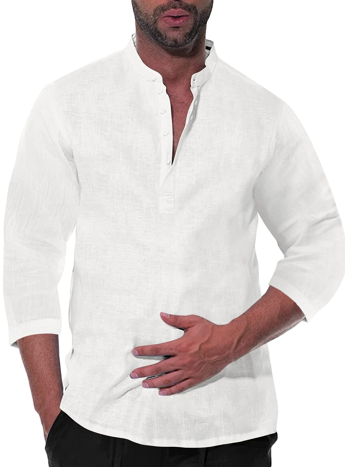 Mens Linen Henley Shirt Long Sleeve 