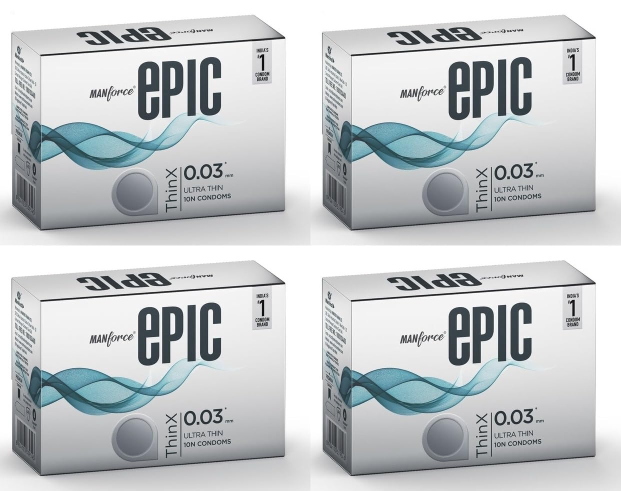 Manforce Epic ThinX Ultra Thin Condoms for Men - 10 Count| 0.03mm| Vegan| No Harsh Chemicals| With Disposable Pouch| Easy Peel Pack x Pack of 4