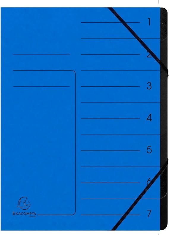 Exacompta - Ref 540702E - Box of 10 File folders with stapled Spine - with Elastic Bands - Glossy Card Printed Cover and Black Recycled Card Interior - 7 compartments - 24.5X 32cm - A4 - Blue