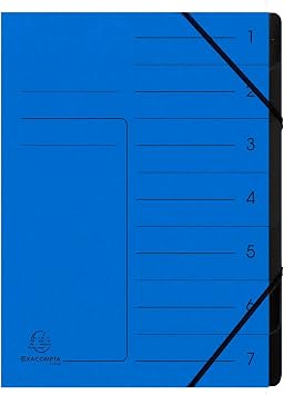 Exacompta - Ref 540702E - Box of 10 File folders with stapled Spine - with Elastic Bands - Glossy Card Printed Cover and Black Recycled Card Interior - 7 compartments - 24.5X 32cm - A4 - Blue