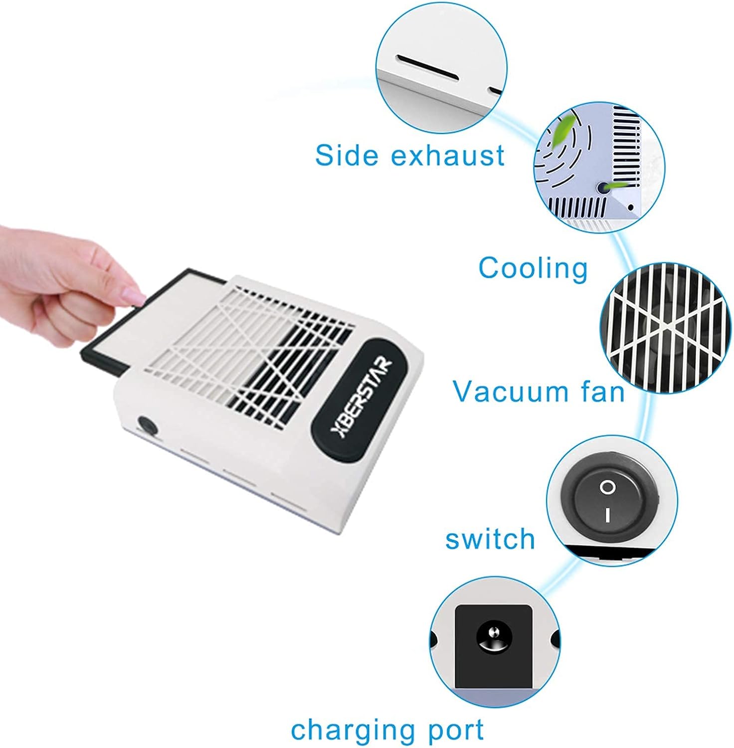 XBERSTAR Nail Dust Collector,80W Electric Powerful Vacuum Cleaner for Acrylic Gel Nails,Manicure recolector de polvo para uñas