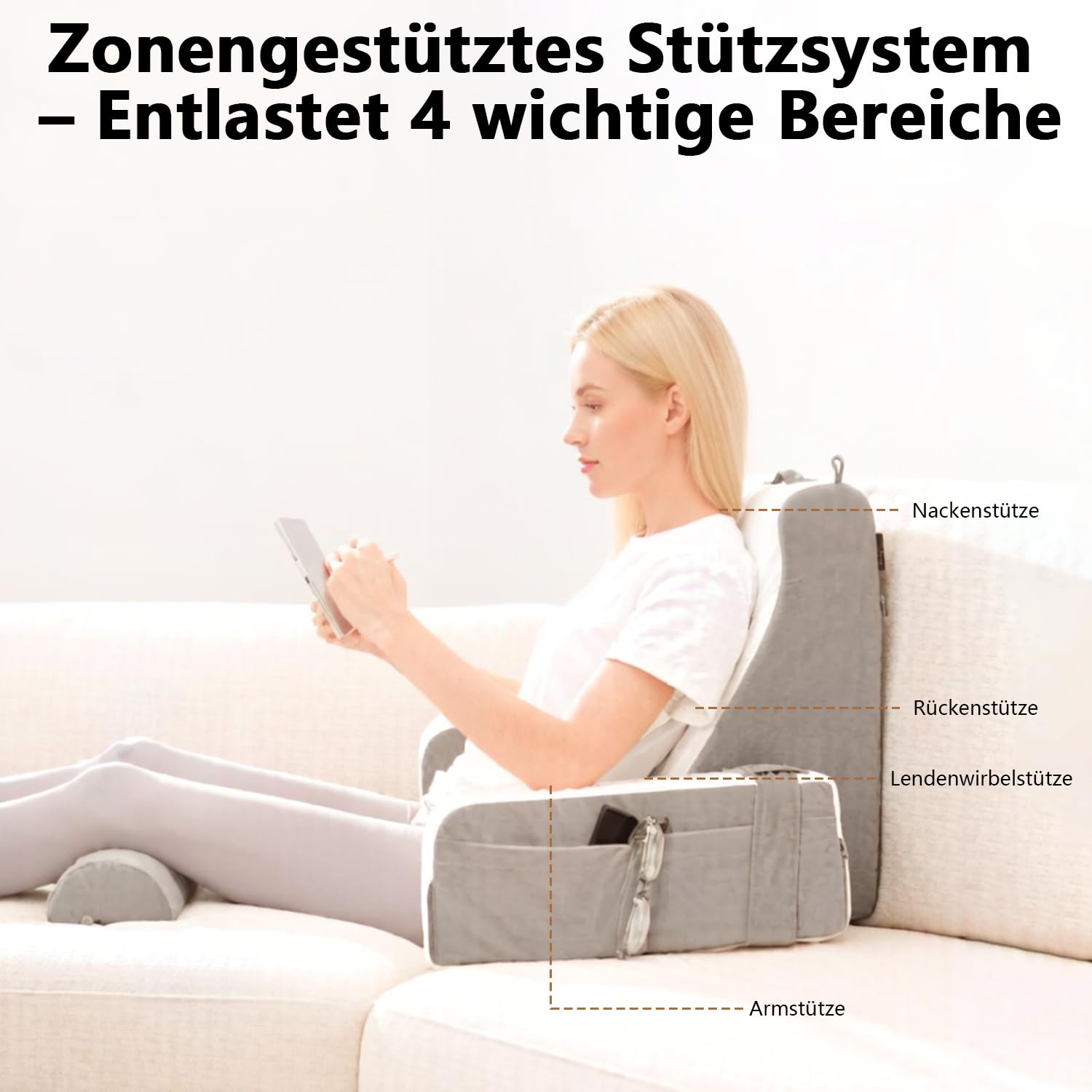 Cuscino da lettura con cuscino cervicale rimovibile e bracciolo, cuscino ergonomico extra alto con braccioli e tasche integrati, supporto per la schiena in schiuma frantumata per erigere a letto