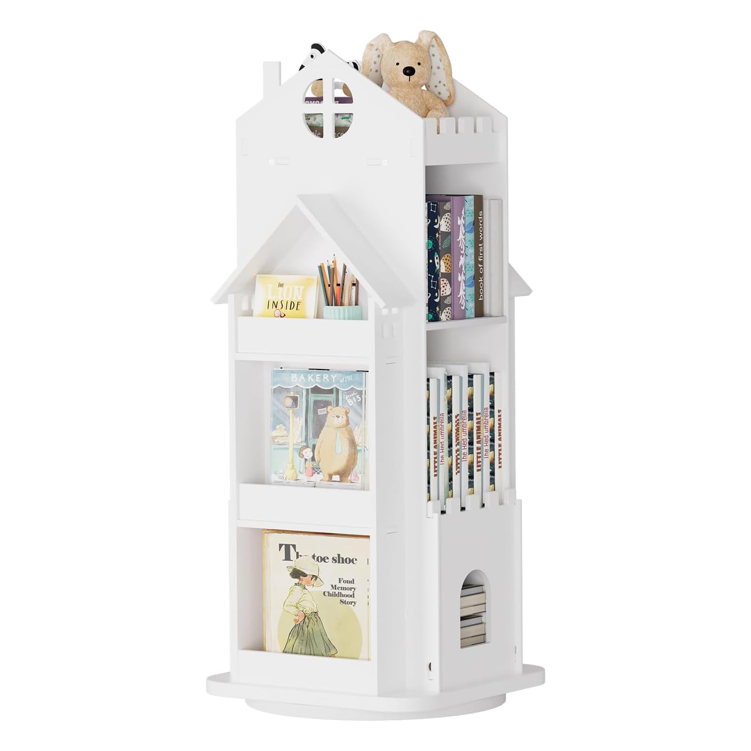 Nisorpa Bibliothèque rotative pour enfants en forme de maison, bibliothèque blanche pour enfants sur pied, bibliothèque château pour enfants