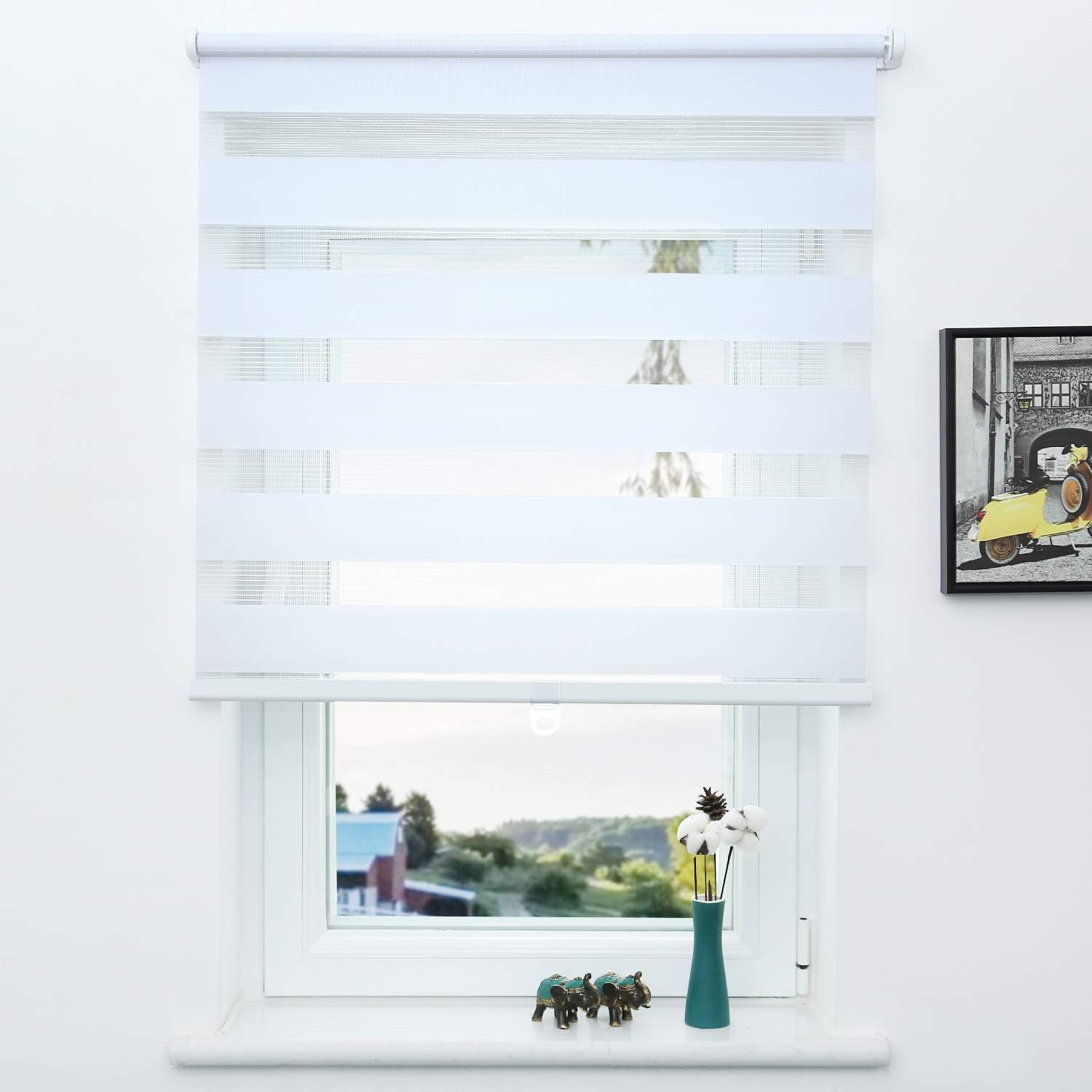 SUNFREE Cordless Zebra Roller Shade Window Blinds and Shade, White, 34"(W) x72(H)