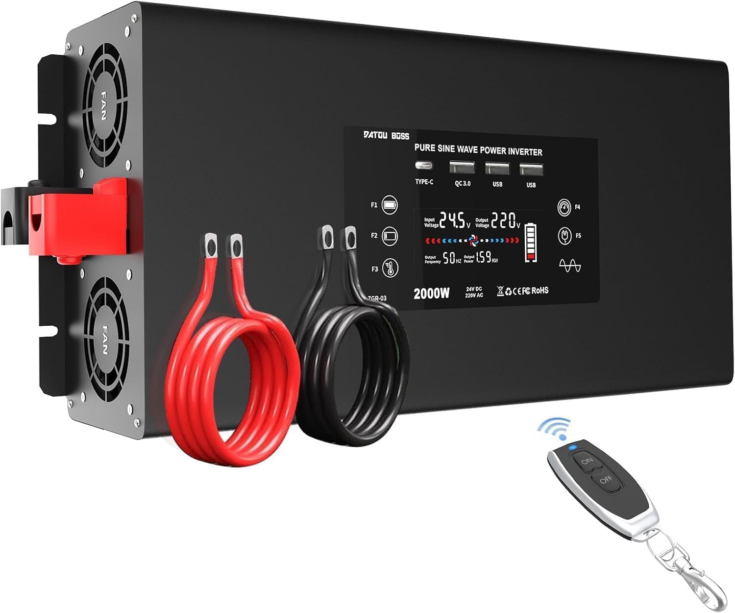 DATOUBOSS Convertisseur 24v 220v Pur Sinus 2000W，Transformateur 4000W Crête, Onduleur avec 2 Prises UE, 4 USB Ports (1x QC3.0, 1x USB-C, 2x USB-A), Tlécommande, Écran LCD，pour Voiture, Camion, Camping