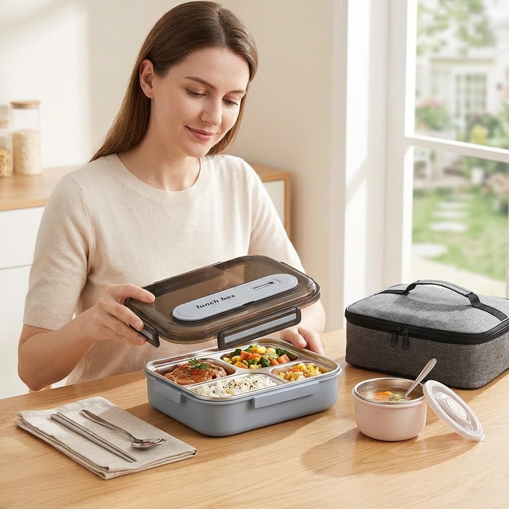 Porta Pranzo Termico in Acciaio Inox 316 con Riscaldamento Acqua Calda per Impiegati e Studenti, Set Completo con Borsa e Posate, color to 1