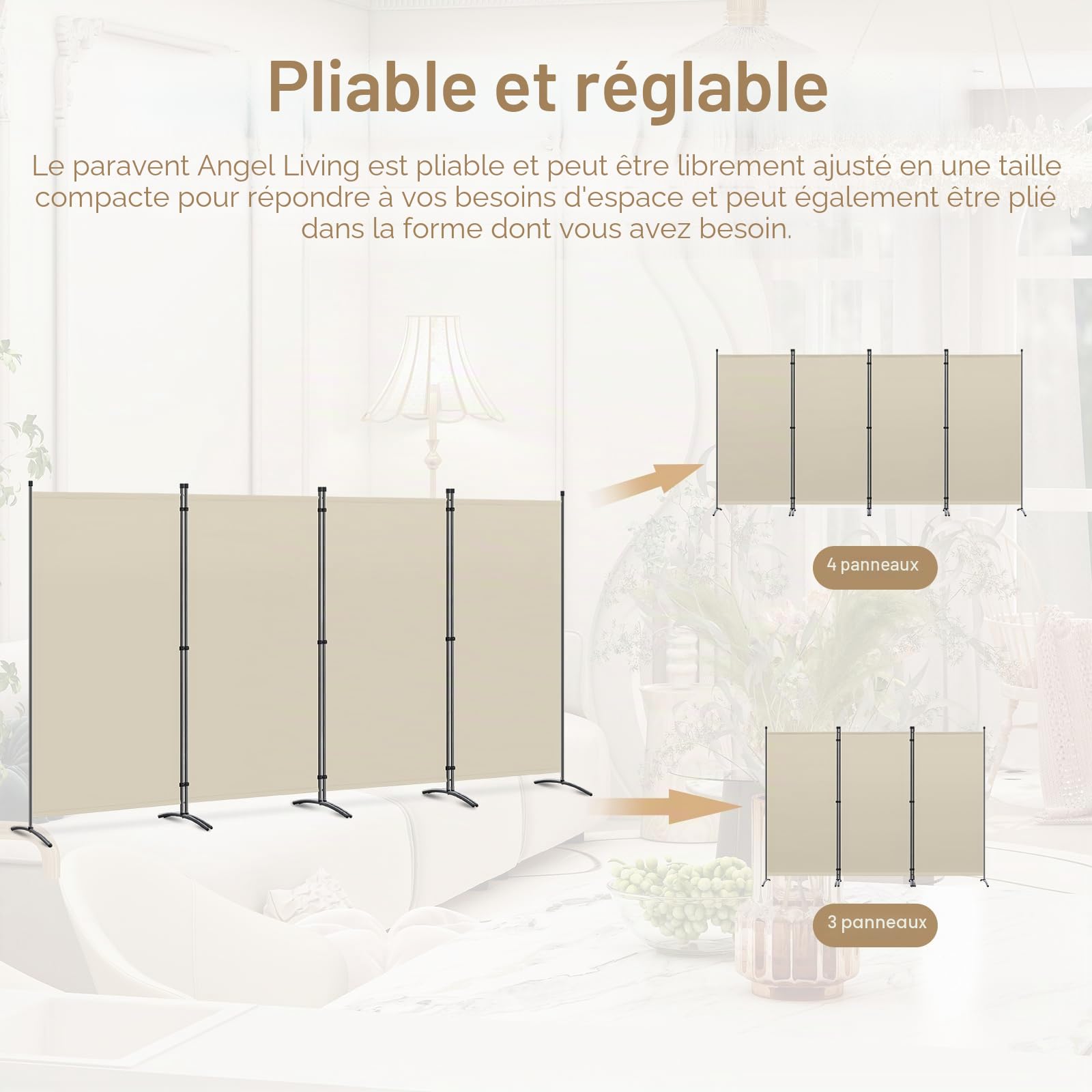 Angel Living Paravent 4 Panneaux Diviseurs de Chambre Séparateur de Panneaux Indépendant Paroi de Séparation Murale Séparation Visuelle pour Bureaux, Chambre à Coucher, 324 x 169cm (Beige)