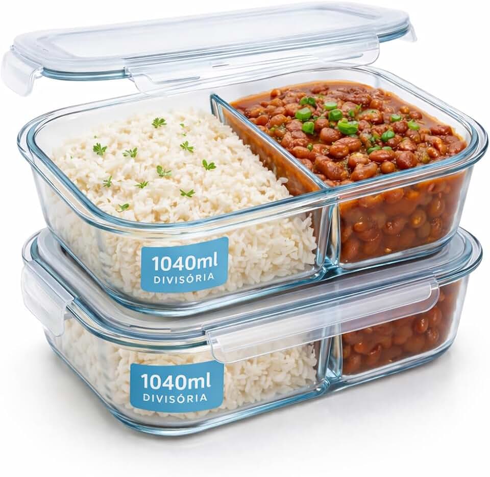 Kit 2 Potes Vidro Borossilicato Hermético Retangular 1040ml com divisória Marmita Fitness 4 Travas Anel Silicone Freezer Forno Microondas Geladeira Livre BPA Sem Vazamento Organização Cozinha Dieta