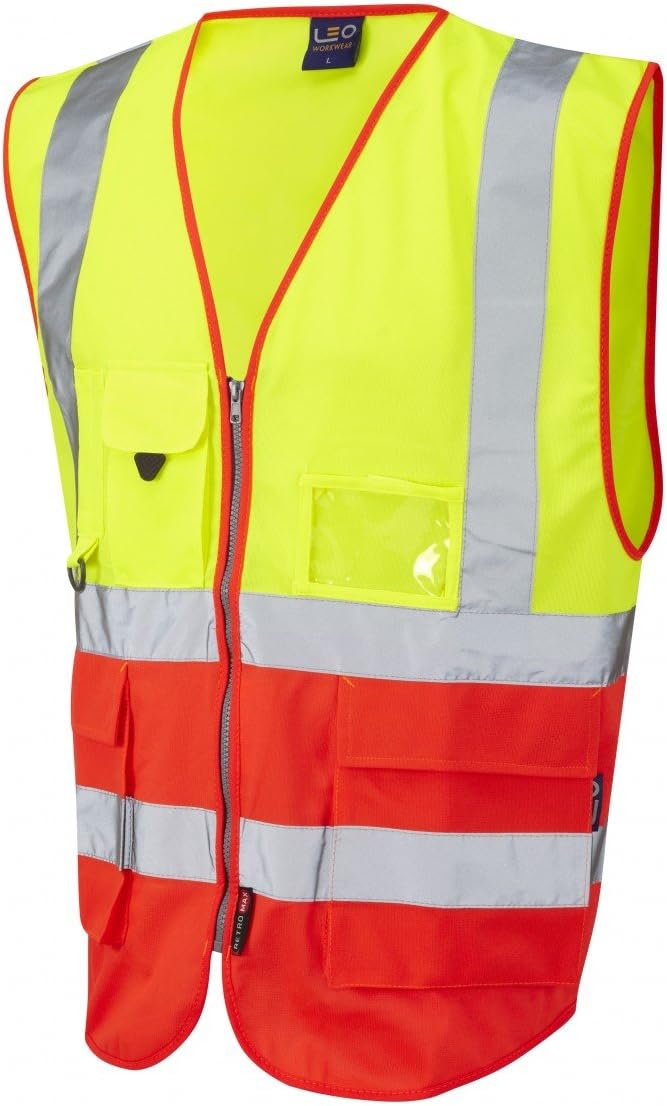 Leo Workwear Lynton Multiple Colour Hi-Vis Class 2 Multi-pocket Superior Waistcoat, XXL, Yellow-Red