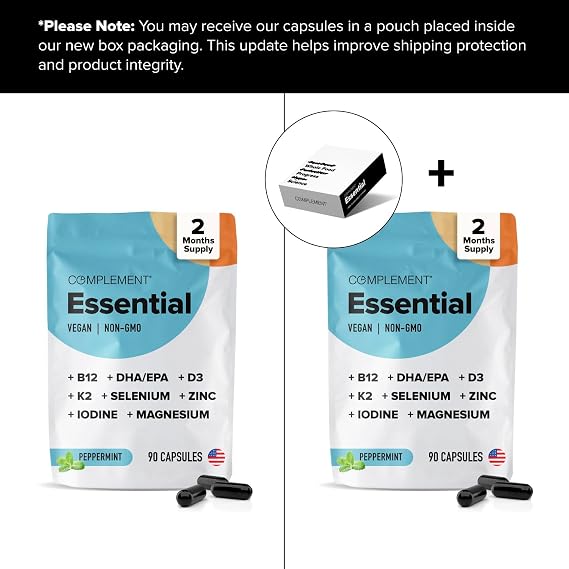 Complement Essential Vegan Multivitamin for Women & Men - Immune Support Supplement with Omega-3 DHA & EPA, B12, Vitamin D3 & K2, Zinc, Selenium, Magnesium, Iodine (60 Servings, 180 Capsules)