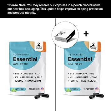Complement Essential Vegan Multivitamin for Women & Men - Immune Support Supplement with Omega-3 DHA & EPA, B12, Vitamin D3 & K2, Zinc, Selenium, Magnesium, Iodine (60 Servings, 180 Capsules)
