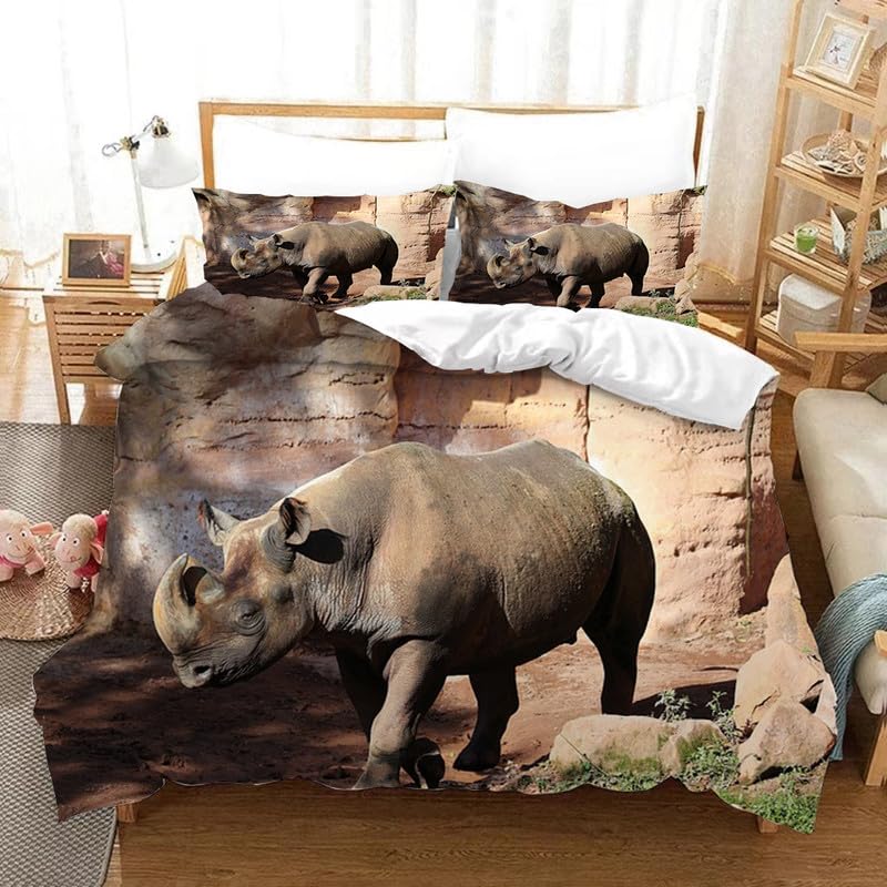 Parure de lit 90x190 enfant microfibre housse de couette rhinocéros et taie d'oreiller 65x65