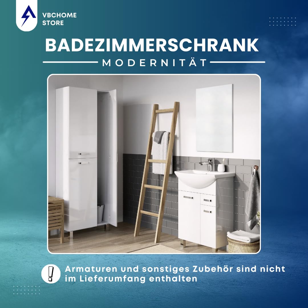 VBChome Badmöbel 66x44x84 cm Weiß Waschbecken mit Hahnloch Badezimmerschrank 2 Türen 1 Schublade Soft Close System Modern