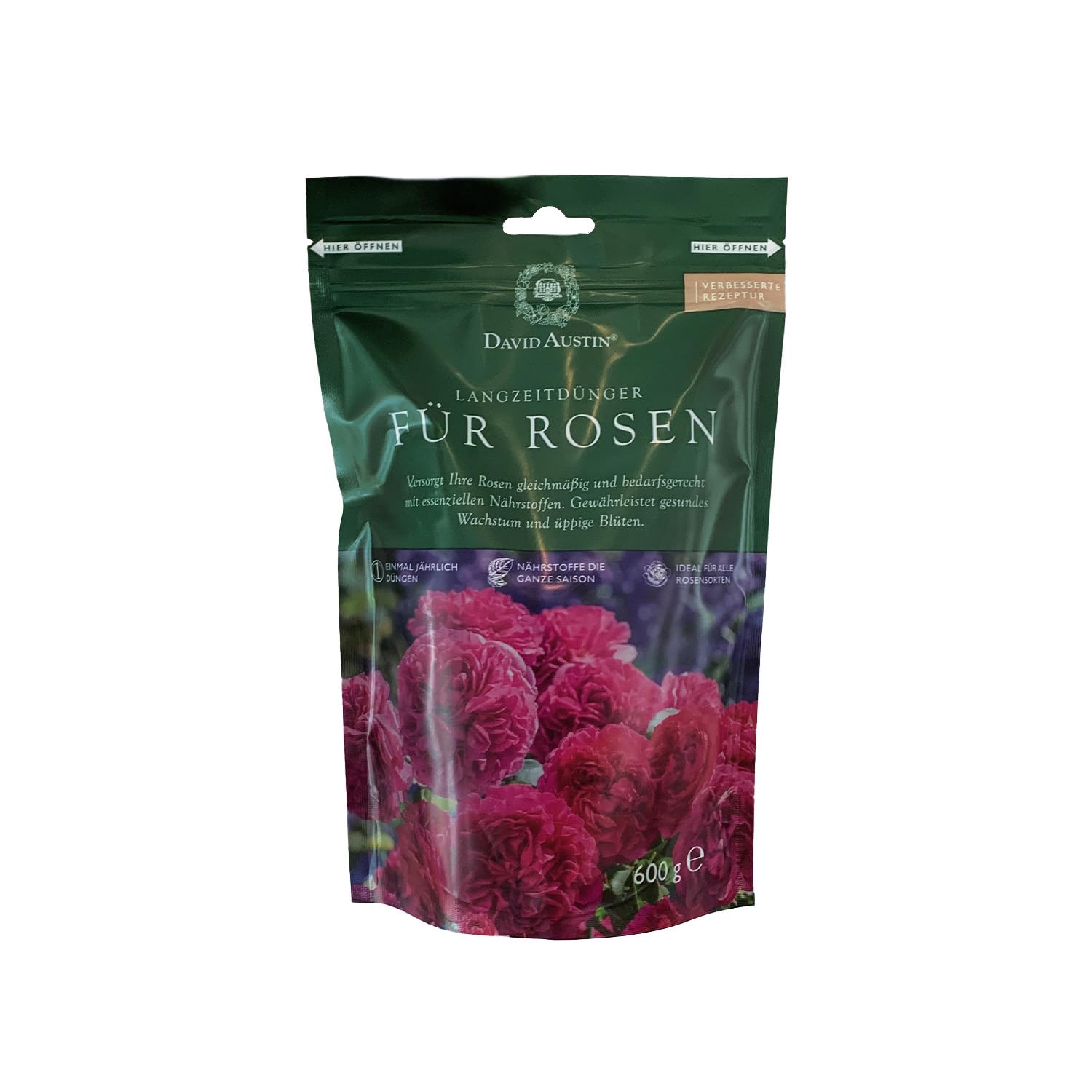 David Austin Rosendünger - Rose Food - 600g - Organisch-mineralisch mit Langzeitwirkung - Einmalige Anwendung pro Saison - für etwa 20 gesunde, kräftige Rosen - von Garten Schlüter