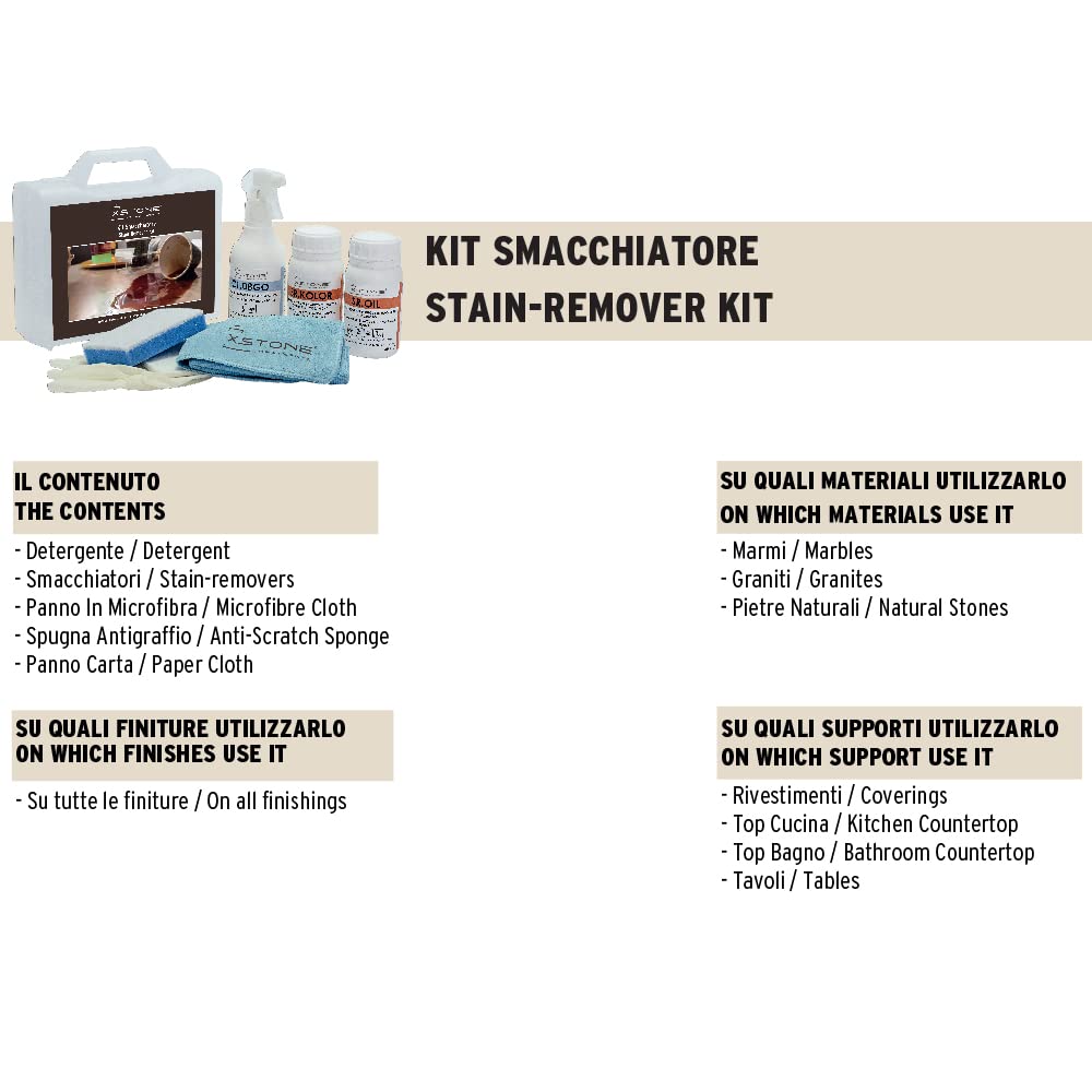 KIT SMACCHIATORE per rimuovere MACCHIE ORGANICHE di Caffè, Vino ecc. MACCHIE di Olio e Grassi su superfici in pietra naturale. Con Sgrassante e accessori inclusi.